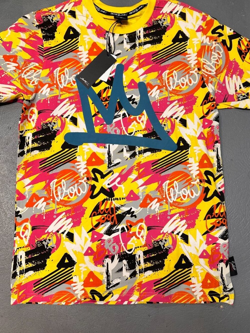 Switch Mens Y2K Graffiti Graphic T Shirt Yellow Medium Crown Streetwear New